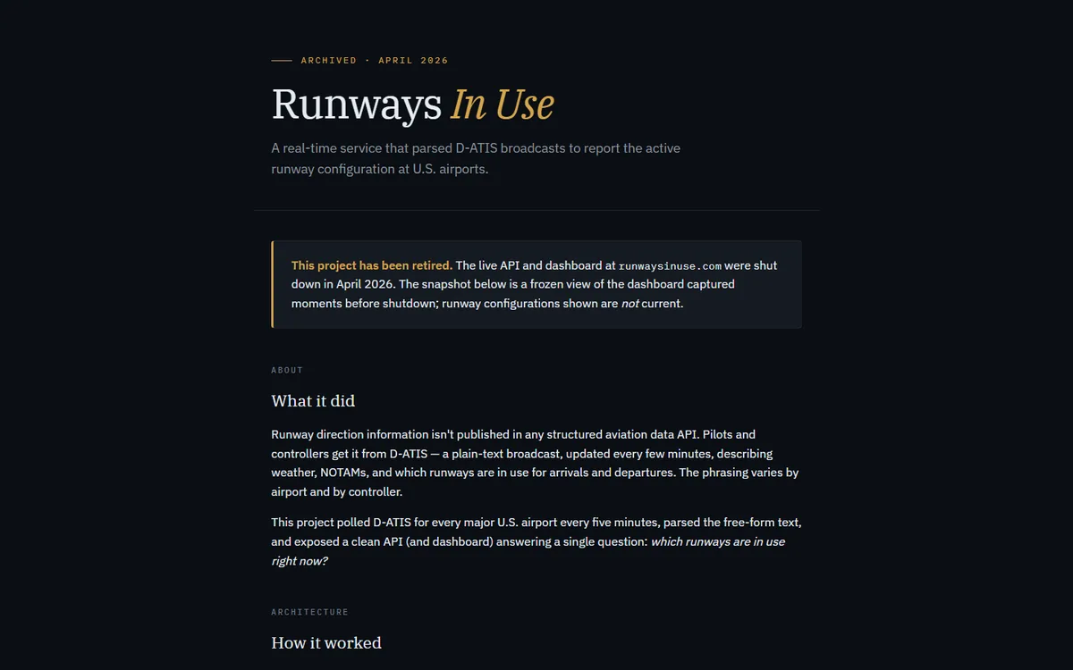 Runways In Use archive page describing the retired D-ATIS parsing service