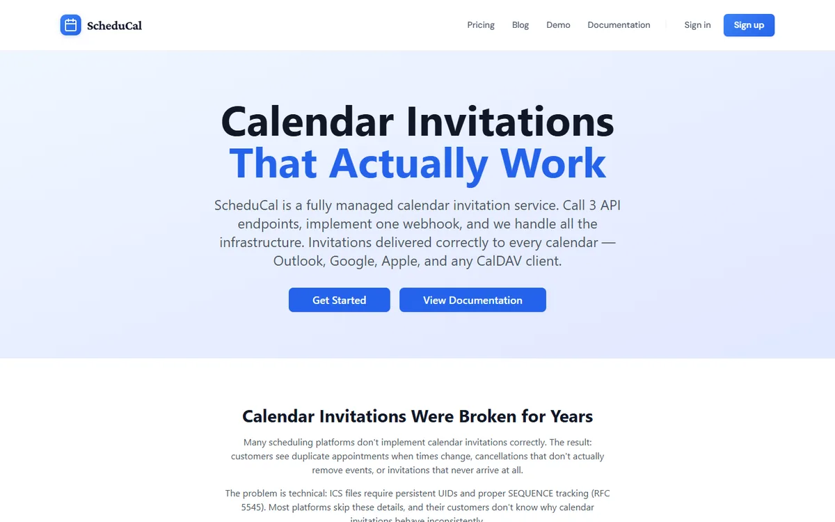ScheduCal landing page: Calendar invitations that actually work