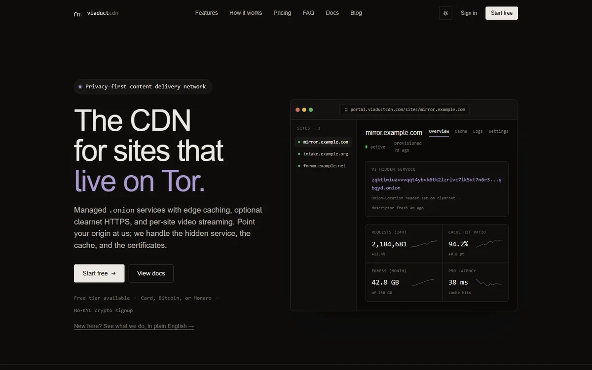 ViaductCDN landing page: The CDN for sites that live on Tor