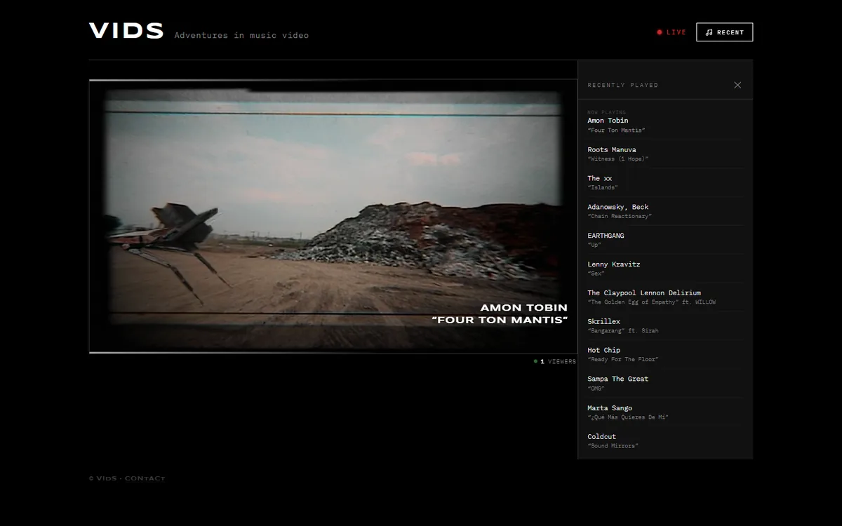 VIDS: a full-screen music video playing with a recently-played sidebar